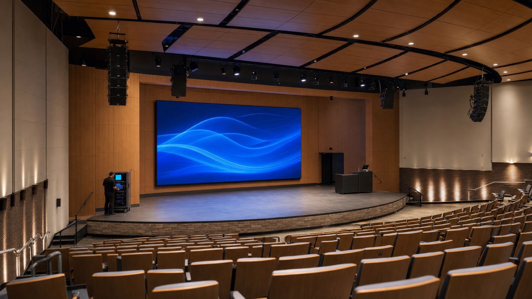 Technician commissioning a permanent auditorium LED installation